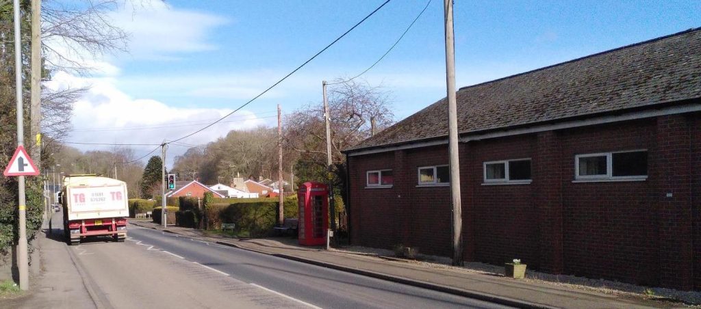A483 outside Pant Memorial Hall in Shropshire