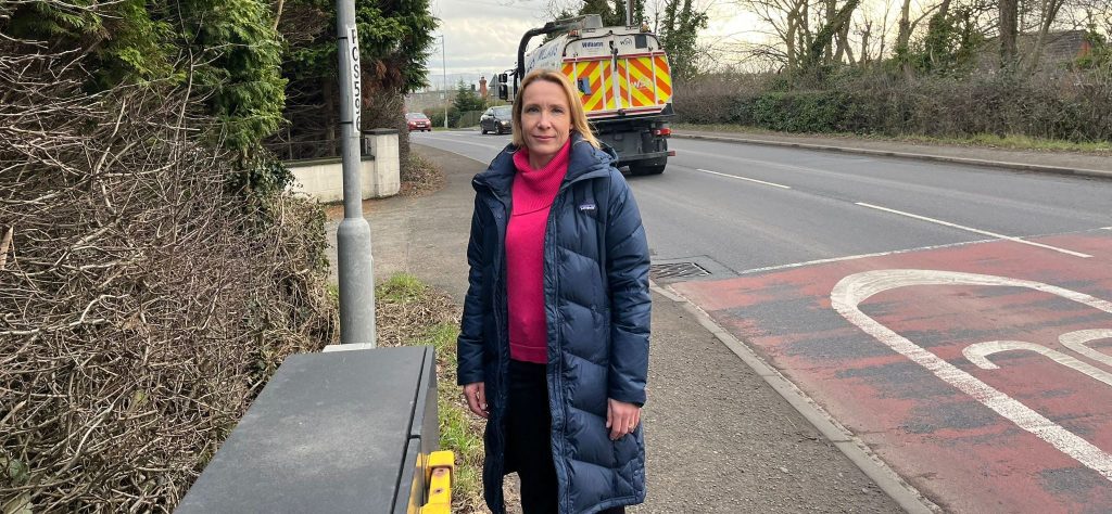 Helen Morgan MP on the A483 in Llanymynech